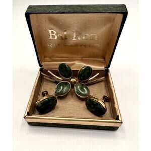 Vtg Signed Bal-Ron 12K Gold Fill JADE Floral Brooch & Earrings w/ Original Box